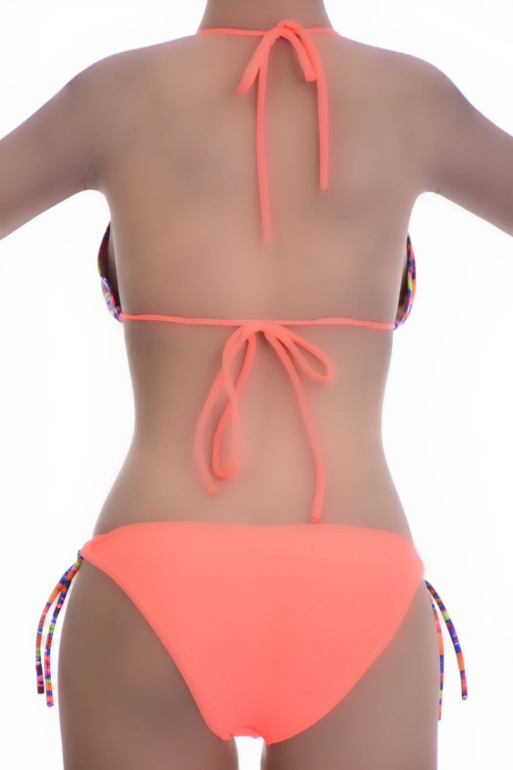 Multicolor-striped triangle bikini top with unpadded cups, slim neck ties and a tie back.