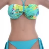 Green-and-blue tie-dye bandeau bikini set with turquoise tie-side bottom in smooth polyamide.