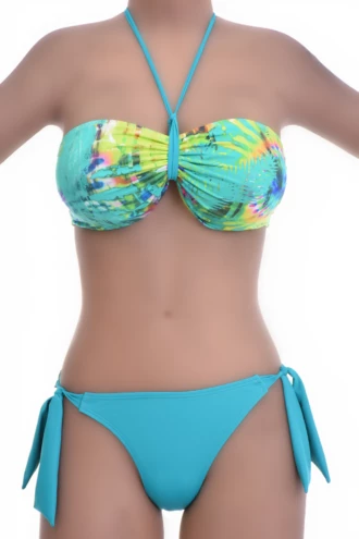 Green-and-blue tie-dye bandeau bikini set with turquoise tie-side bottom in smooth polyamide.