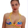 Triangle bikini top with hook-and-eye back closure and light molded cups in quick-drying striped swim fabric.