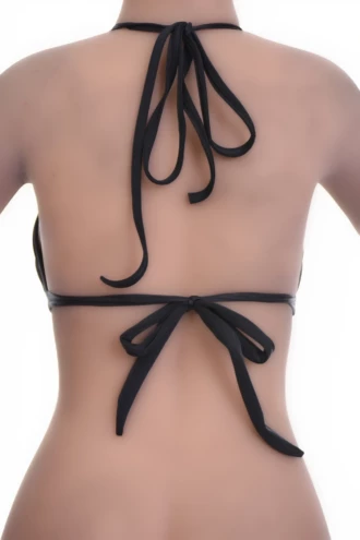 Triangle bikini top in polyamide with a tie-back band and adjustable coverage, a soft draped string shape.
