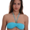 Bright bandeau bikini top in pool-blue turquoise with a thin neck cord, light and quick-drying for sun and swims.