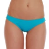 Clear turquoise Brazilian bottom with no ties and a V-shaped back, smooth stretch fabric that pops against a tan.
