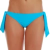 Pool-bright turquoise Brazilian thong swim bottom with adjustable side-tie bows in quick-drying stretchy fabric.
