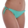 Turquoise side-tie thong swim bottom with a low front and minimal back in quick-drying swim fabric.