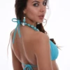 Turquoise triangle bikini top in polyamide with light unpadded cups and slim cords that tie at the neck and back.