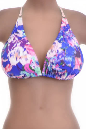 Watercolor print triangle bikini top with light unpadded cups and slim ties at the neck and back for the fit.