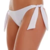 White Brazilian tie-side bikini bottom with a V-shaped back and bow ties at each hip in stretch polyamide-Lycra.