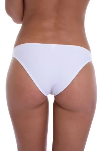 White cheeky pull-on bikini bottom with moderate front coverage and a cheeky back in light polyamide-Lycra.