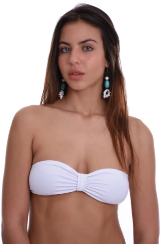 White convertible bandeau bikini top in polyamide with a thin halter strap that ties at the neck for lift.