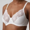 White floral-lace soft-cup bra with microfiber band, scalloped neckline and hook-and-eye closure for everyday wear.