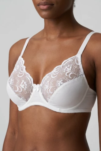 White floral-lace soft-cup bra with microfiber band, scalloped neckline and hook-and-eye closure for everyday wear.