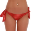 Women's red-and-gold printed tie-side Brazilian swim bottom with a V-back, sizes S to 2XL.