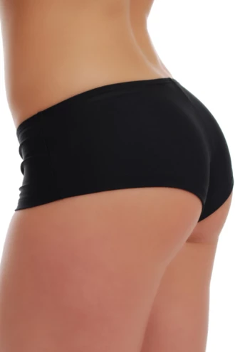 Women's black boyshort bikini bottom cut as a short with fuller hip and seat coverage and a mid-rise waist.