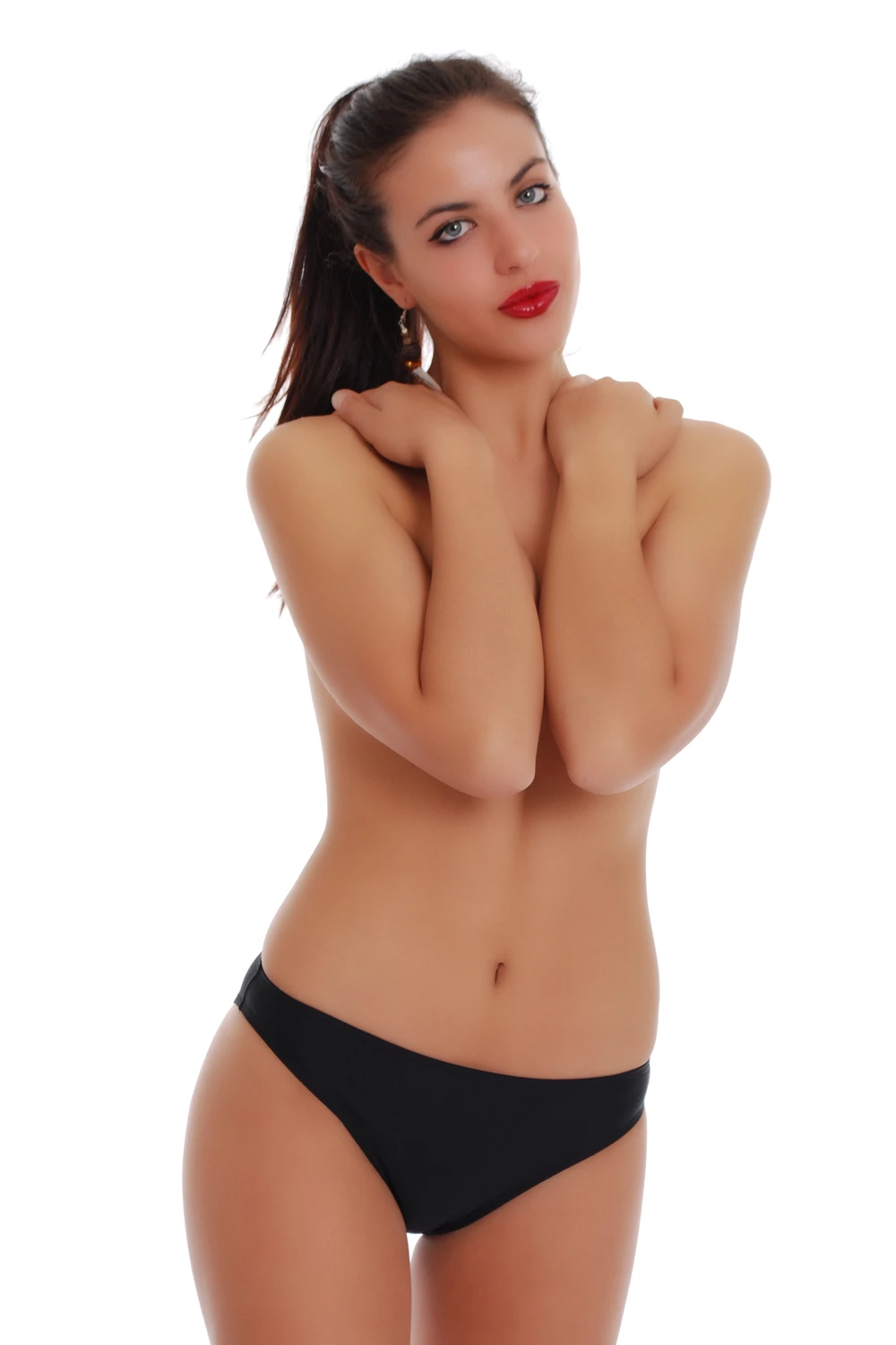 Women's black cheeky pull-on bikini bottom with moderate front coverage and a back cut to show a little skin.