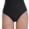 Women's black high-waisted Brazilian bikini bottom with a rise above the navel and a V-shaped back in light swim fabric.