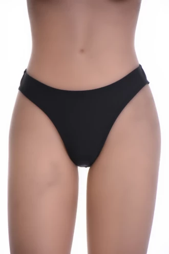 Women's black mid-rise Brazilian bikini bottom with a V-shaped back and moderate front coverage in light polyamide-Lycra.