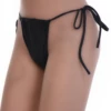 Womens black ruched tie-side thong bikini bottom with a softly gathered front, thin string ties and minimal back.