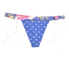 Womens blue polka-dot string thong bikini bottom with a floral waistband and white side ties, light quick-drying fabric.