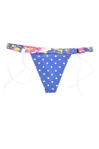 Womens blue polka-dot string thong bikini bottom with a floral waistband and white side ties, light quick-drying fabric.