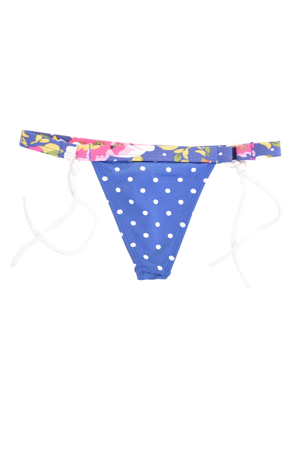Womens blue polka-dot string thong bikini bottom with a floral waistband and white side ties, light quick-drying fabric.