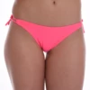 Women's candy pink tie-side thong bikini bottom with a low front and minimal back, slim hip ties in light swim fabric.