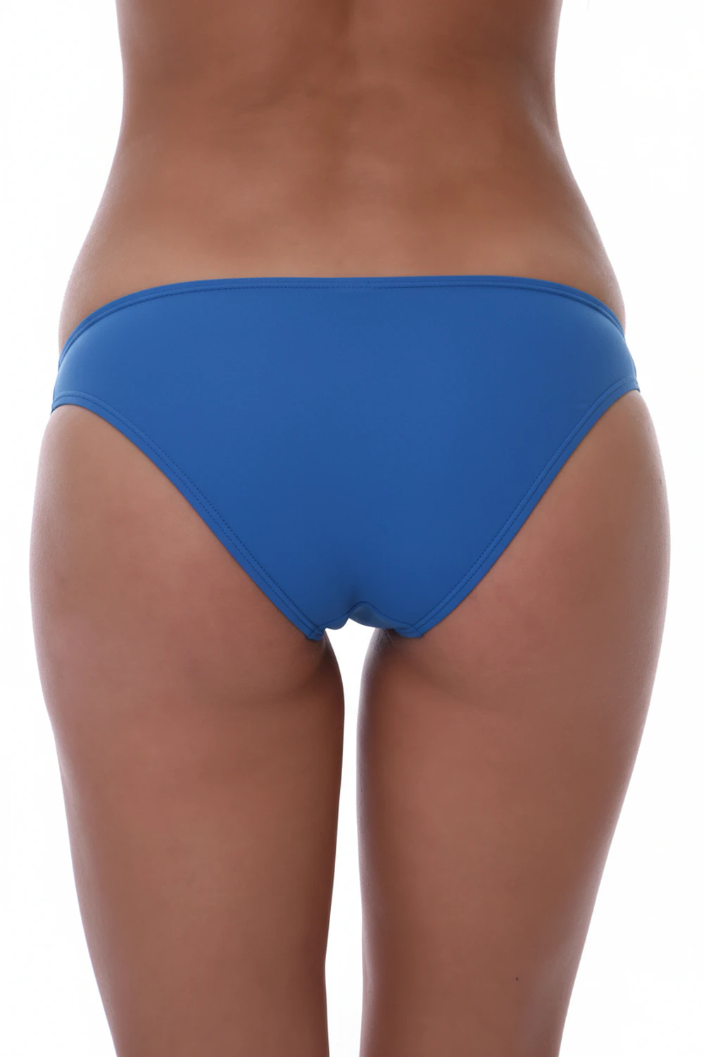 Blue cheeky pull-on swim bottom with moderate front coverage and a no-tie fit in stretchy Italian fabric.