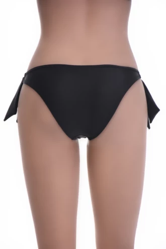 Cheeky tie-side bikini bottom in black polyamide with adjustable hip cords and a colored stripe trim.