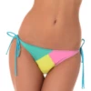Womens color-block tie-side bikini bottom with turquoise, lime and pink panels and turquoise hip ties, light fabric.