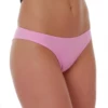 Women's coral Brazilian-cut bikini bottom with a V-shaped back and lower rear coverage, pull-on fit in light fabric.