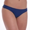 Women's dark blue Brazilian-cut bikini bottom with a V-shaped back and lower rear coverage in light polyamide-Lycra.