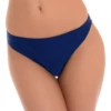 Women's dark blue high-leg cheeky bikini bottom with a leg-lengthening cut and pull-on fit in light polyamide-Lycra.