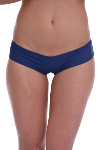 Women's dark blue low-rise boyshort bikini bottom with a short leg line and cheeky back in light Italian swim fabric.