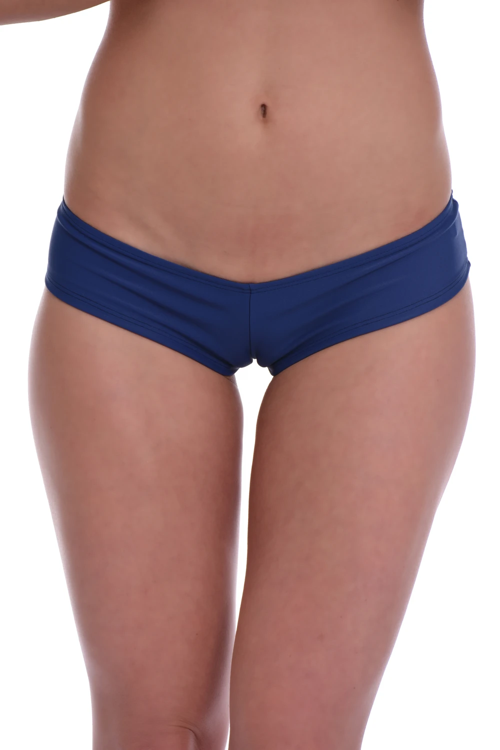 Women's dark blue low-rise boyshort bikini bottom with a short leg line and cheeky back in light Italian swim fabric.