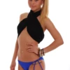 Womens French blue tie-side bikini bottom with moderate front coverage and a cheeky back, light Italian swim fabric.