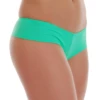 Women's green low-rise boyshort bikini bottom with a short leg line and cheeky back in light Italian swim fabric.