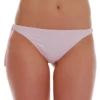Women's light purple tie-side thong bikini bottom with a low front and minimal back, slim hip ties in light fabric.
