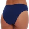 Dark blue mid-rise pull-on bikini bottom with fuller front and back coverage and smooth fixed sides.