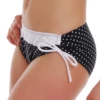 Womens black-and-white polka-dot bikini bottom with ruched sides on a white drawstring and contrast waistband.