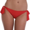 Women's red bikini bottom with bold bow side ties, moderate front and cheeky back in light smooth Italian swim fabric.