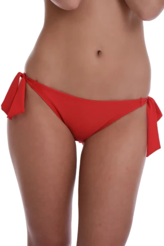 Women's red bikini bottom with bold bow side ties, moderate front and cheeky back in light smooth Italian swim fabric.
