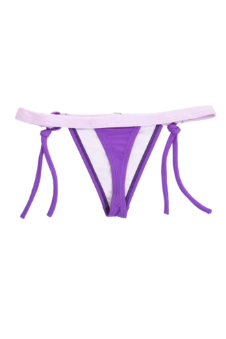 Violet string tie-side thong swim bottom with a contrast lilac waistband and thin knot-tie straps.