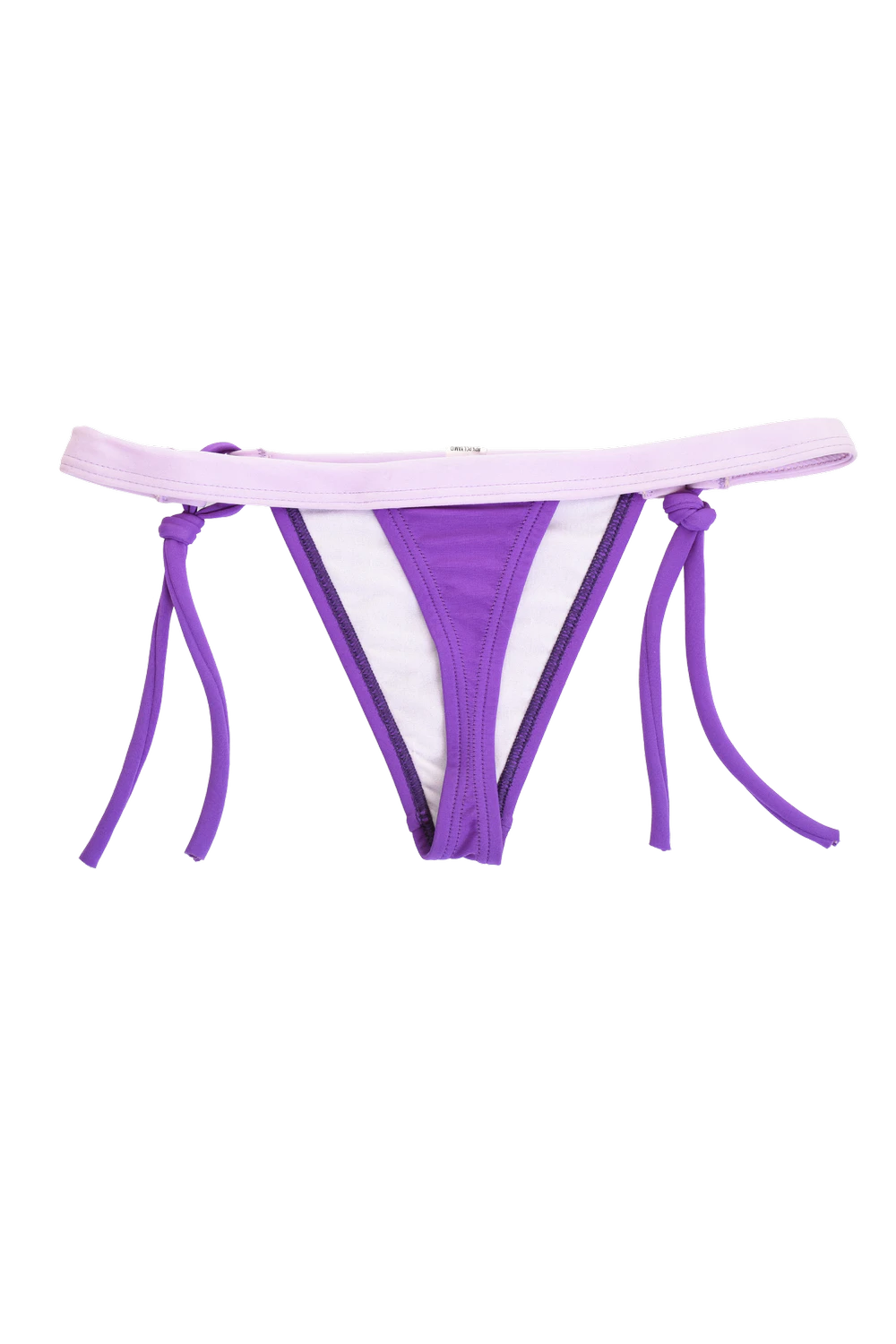 Violet string tie-side thong swim bottom with a contrast lilac waistband and thin knot-tie straps.