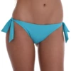 Women's turquoise bow-tie bikini bottom with wide bows at each hip, moderate front and cheeky back in light fabric.