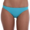 Women's turquoise cheeky pull-on bikini bottom with moderate front coverage and a back cut to show a little skin.