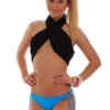 Women's turquoise tie-side bikini bottom with a moderate front and cheeky back, adjustable hip ties in light fabric.