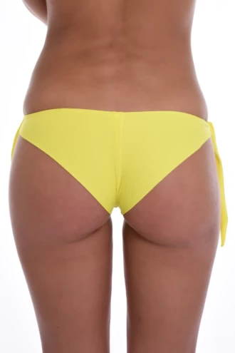 Women's yellow cheeky Brazilian bikini bottom with a cheeky back and bow ties at each hip in light polyamide-Lycra.
