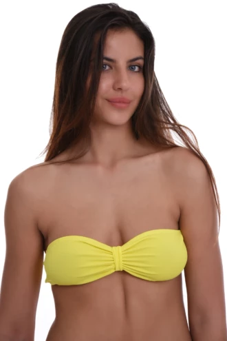Yellow convertible bandeau bikini top in polyamide with a thin halter strap that ties at the neck for lift.