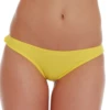 Yellow pull-on Brazilian swim bottom that stays put with no ties, a flattering choice for swimming and a dip.