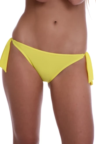 Solid yellow tie-side bikini bottom with a cheeky back, bows adjustable between wears for pool or beach.